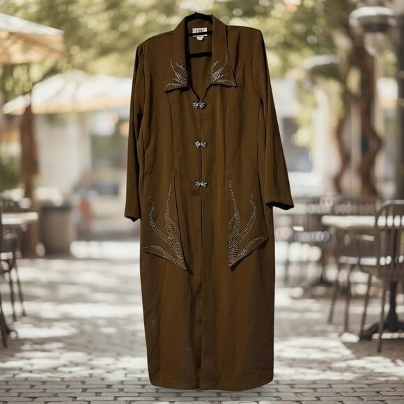X-LAND DOLCE Jacket Long 2XL VTG USA Dark Brown Rhinestones Y2K Boho Whimsy Goth - Picture 1 of 14